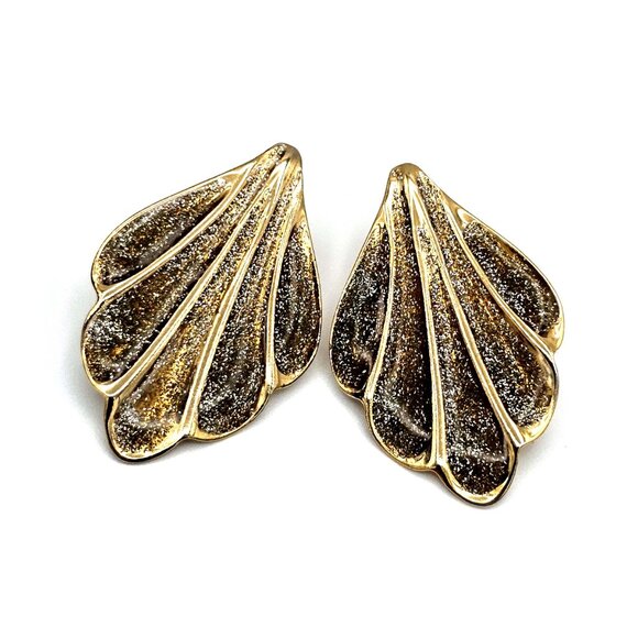 Vintage Gold Fan Earrings w/ Diamond Dust Inlay – Pierced – Made in USA - Picture 9 of 9